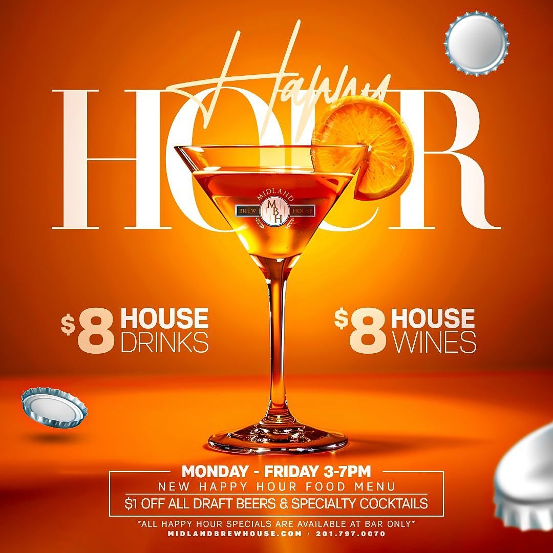 Monday&rsquo;s &amp; Midland Brew House 🍻🍺 #HappyHour 

🅷🅰🅿🅿🆈 🅷🅾🆄🆁 🍻 
Monday-Friday 3pm-7pm
$8 House Drinks 
$8 House Wines
$1 Off All Draft Beers &amp; Specialty Cocktails
New Happy Hour Bar Menu 🙌🏻🙌🏻🙌🏻
(All Happy Hour Specials Are