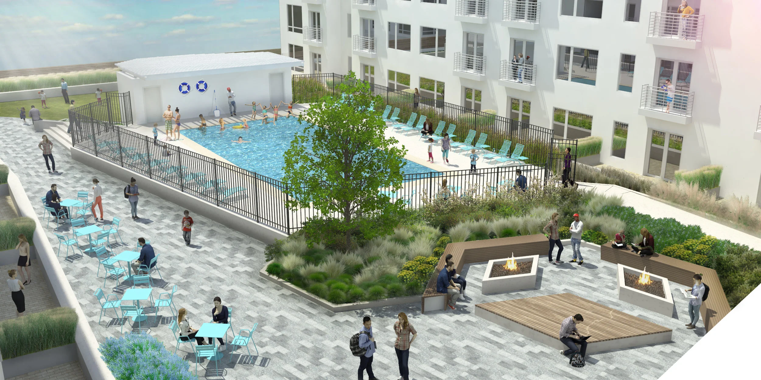 Reston Heights - Pool Area Project Description The development, spurred on by the construction of the Silver Line Rail connecting Washington DC to Dulles Airport, provides commercial housing, retail and office space for the resident who works and lives in Reston or the frequent flyer who needs consistant access to Washingtin DC. The work performed transitioned expansive parking lots that included a Chili’s Restaurant into a mixed use development which includes individual townhouse entries, a pool amenity area, an entry plaza, a retail plaza with in ground lighting, stage and trellis as amenities for the over 300 residential units at the VY. Extensive planting across the site, new sidewalks and easy highway access make this location highly sought after in the greater Washington DC area. *Work completed while working at OLIN. Architect: Cunningham Quill Civil Engineer: Urban Client: JBG now JBG Smith