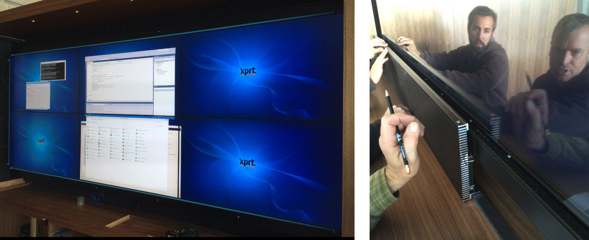 LEFT: Firing up the screens for the first time after installation. RIGHT: Fitting the custom EH Price vent grilles in place.