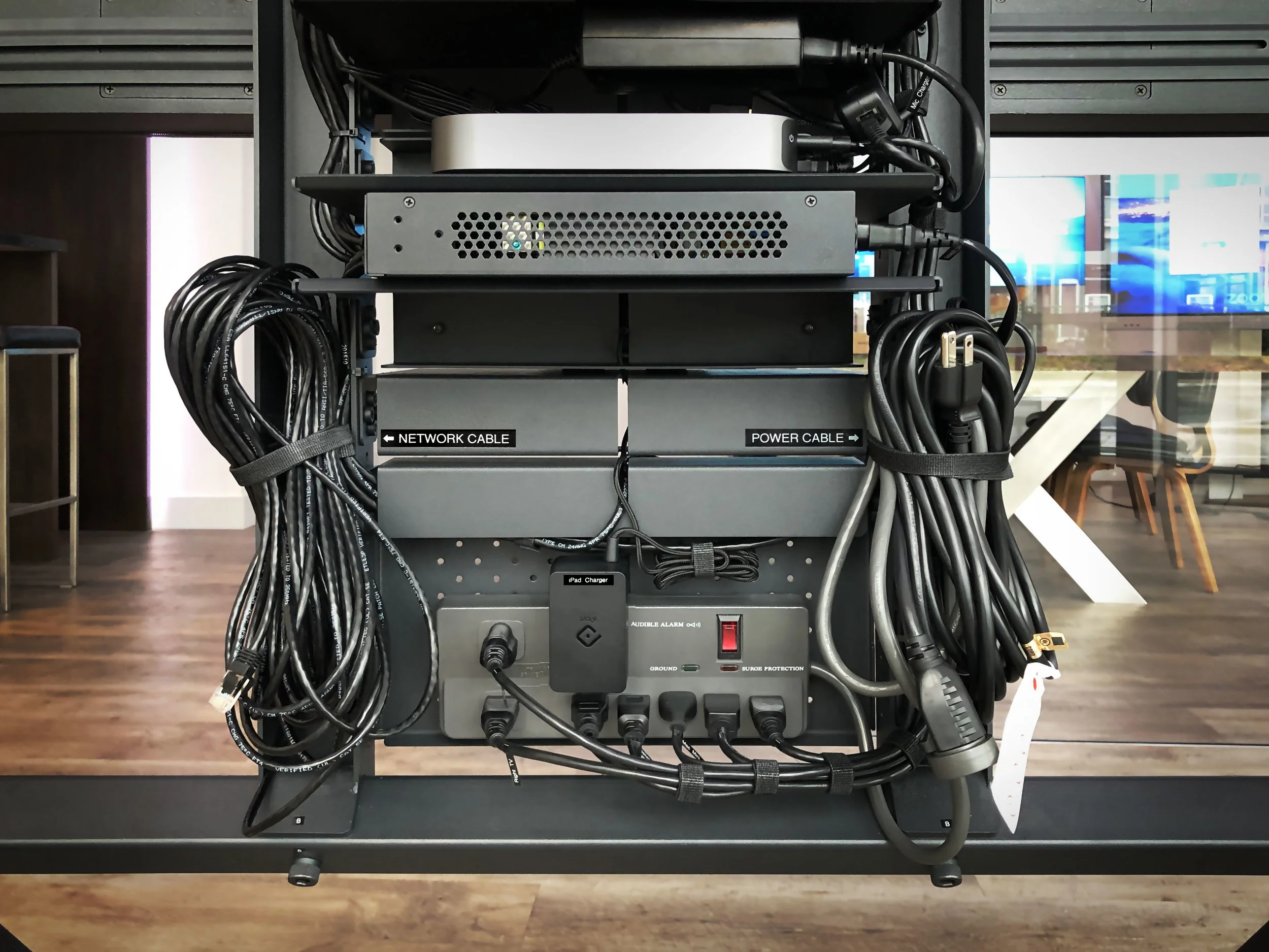 A power bar at the lower rear of the cart offers a single switch to turn the cart on and off as desired, with full start-up scripting setup on all devices so everything on board powers-up and boots software when it receives power.