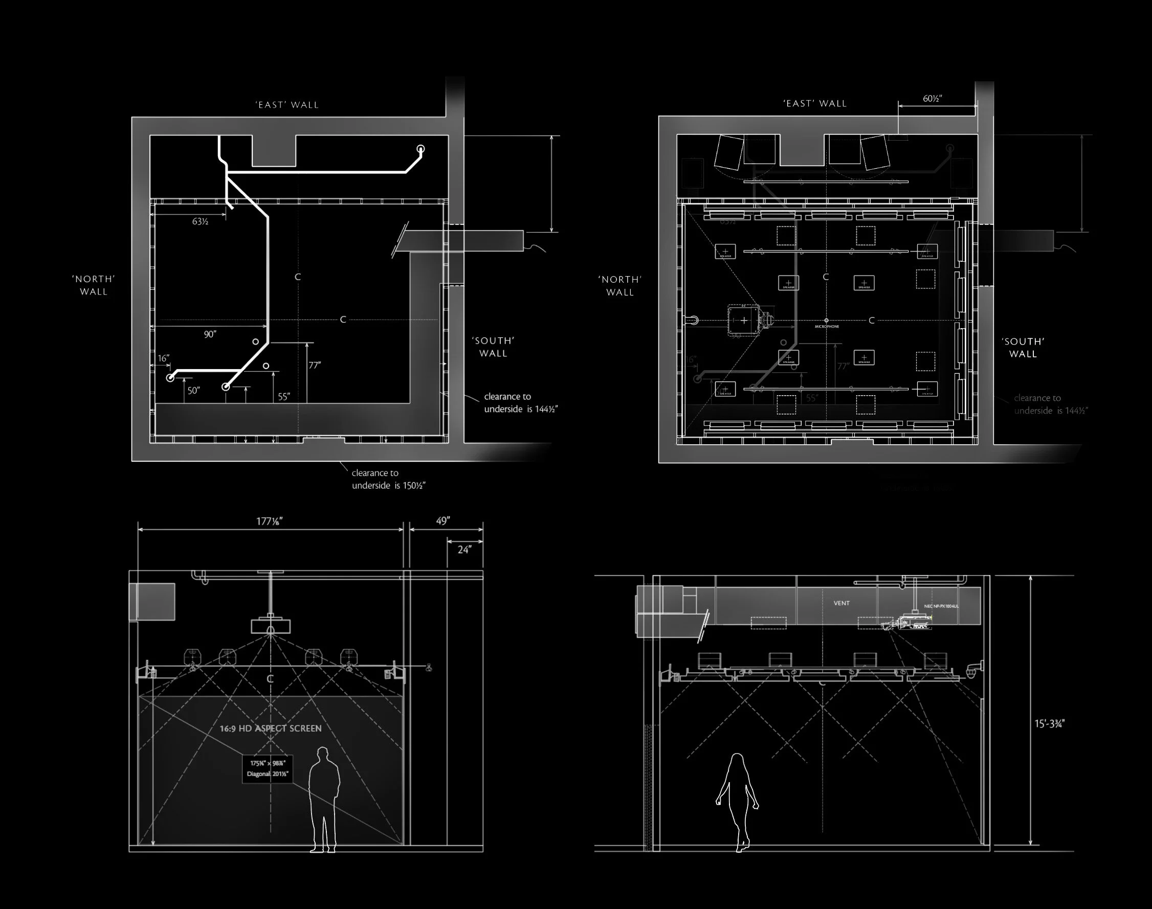 The layout of the space, including speakers, projection, LED wall washers, track lighting, camera, microphone, subwoofers and dual equipment racks.