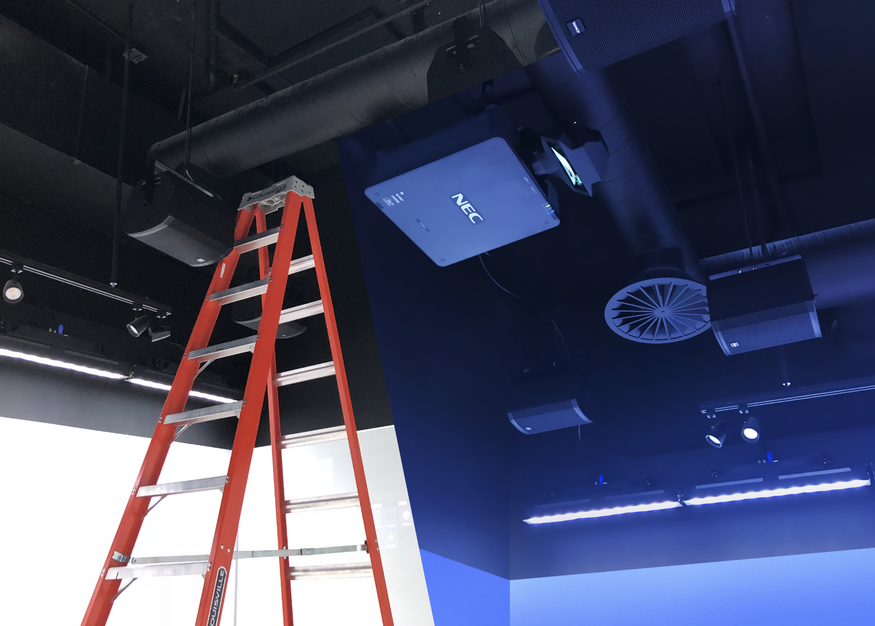 Installation of the ceiling components was a week long process undertaken with care, and entirely governed by the careful positioning worked out before hand in design. The contrasting dark upper, and light lower regions in the room create a sense of active energy in the bright lower space. Firing up the system is an exciting moment.