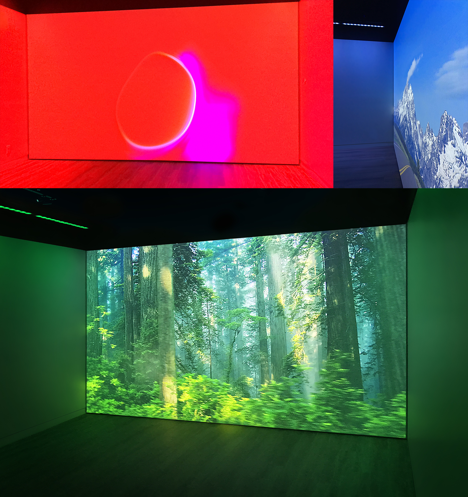The LED lighting, and it’s intense capability have the ability to produce a somber, and muted environment, or the alarmingly saturated red at the upper left that extends from a red graphic video. Xprt created a custom program that samples the averag…