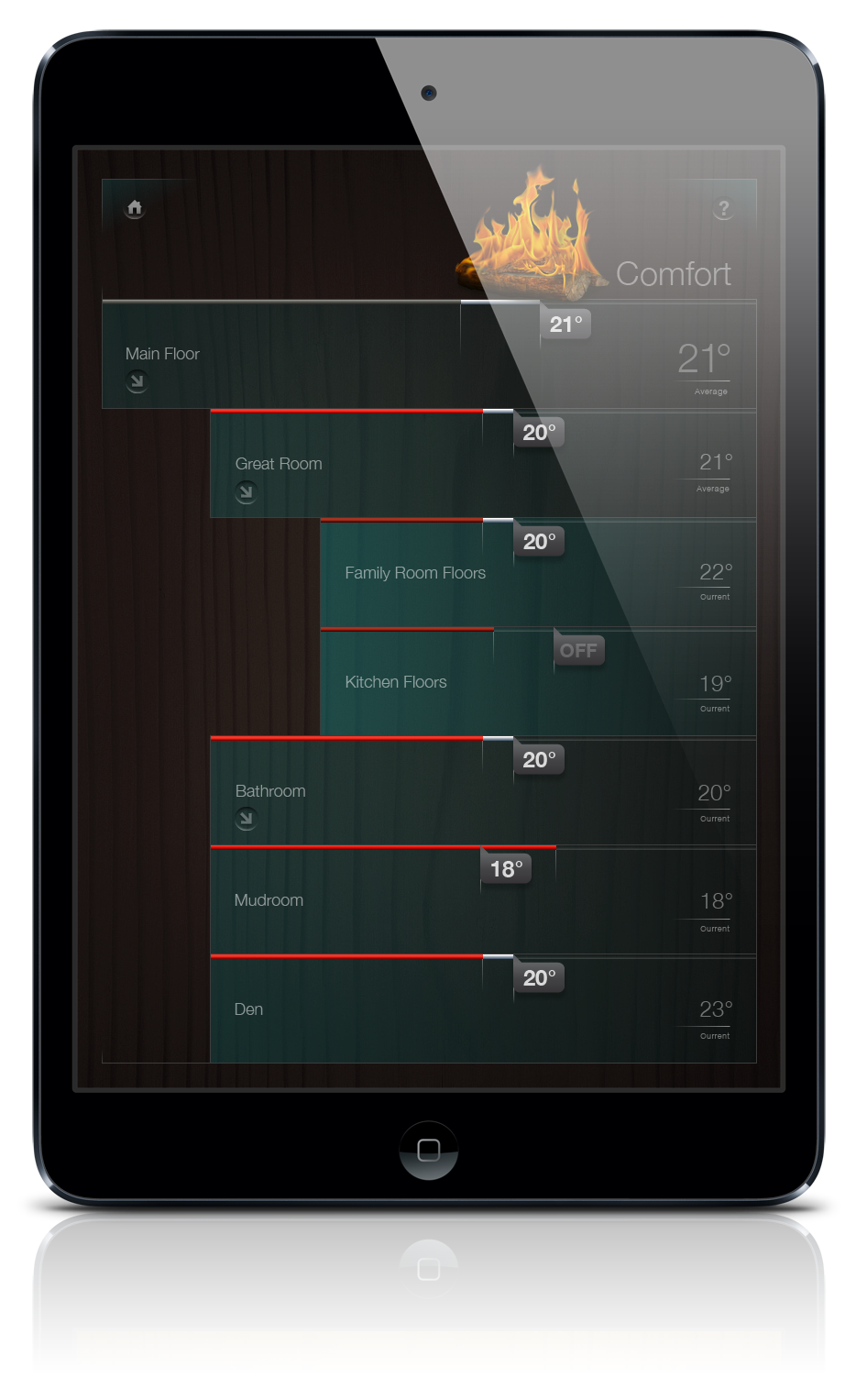 A residential touchscreen with a hierarchical, categorized approach might offer room-by-room thermostat controls, organized by floor. An HVAC control screen may look like this one from Xprt’s Kubuni™ residential control platform.