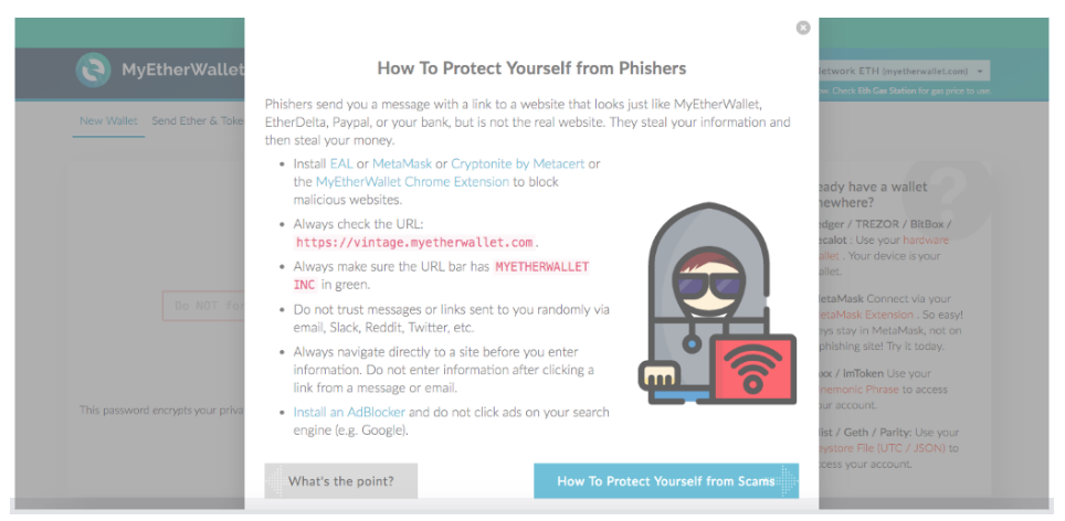  MEW makes sure their users know about phishing. Source: MyEtherWallet 