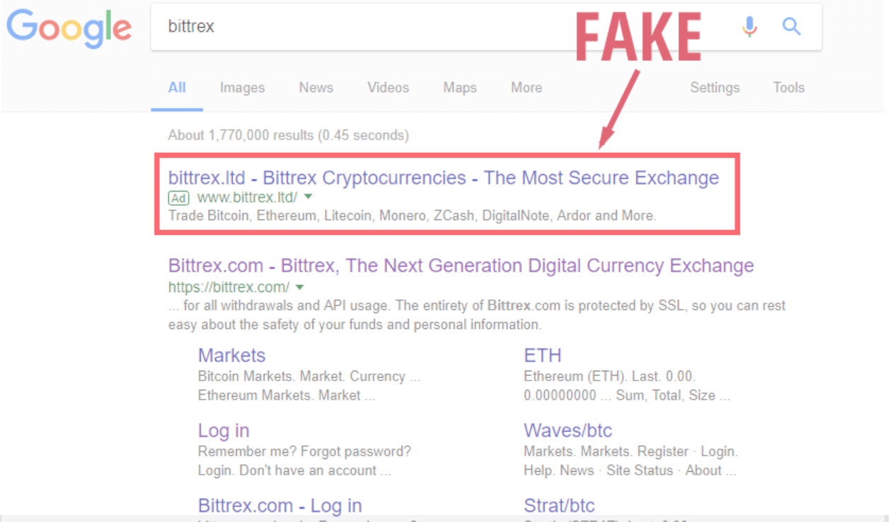  Phishers will sometimes buy Google ad space pretending to be a reputable company. | Source: Ethereum World News 