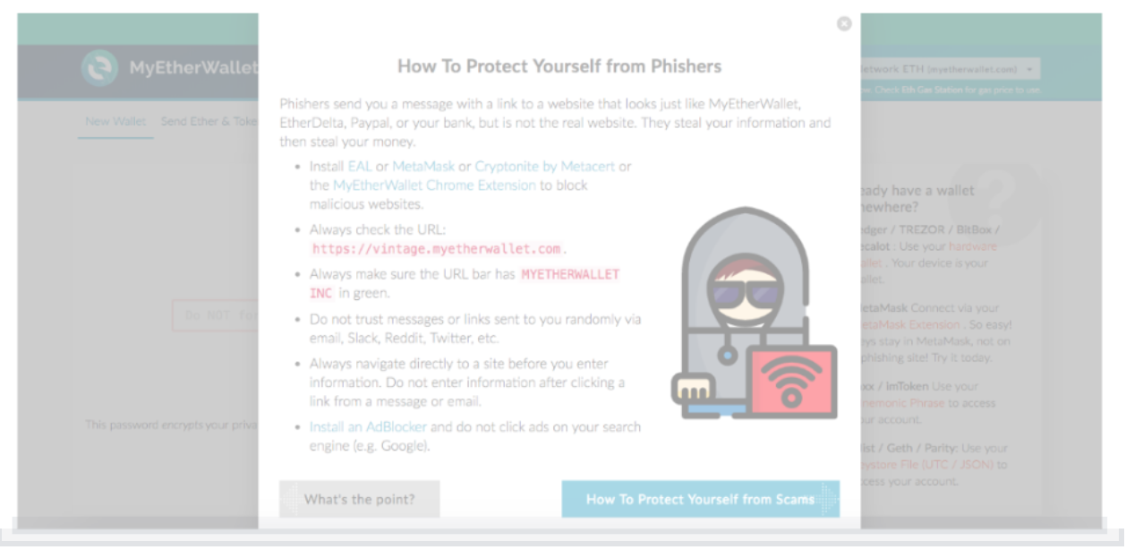  MyEtherWallet ensures that their users know about common phishing threats. | Source: MyEtherWallet 