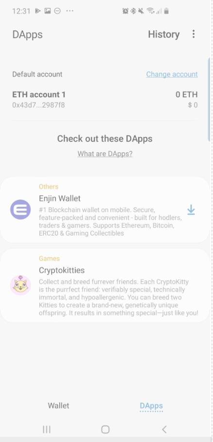  The first two DApps available in the Samsung Blockchain Wallet are Enjin and Cryptokitties. | Source: Samsung Blockchain Wallet 