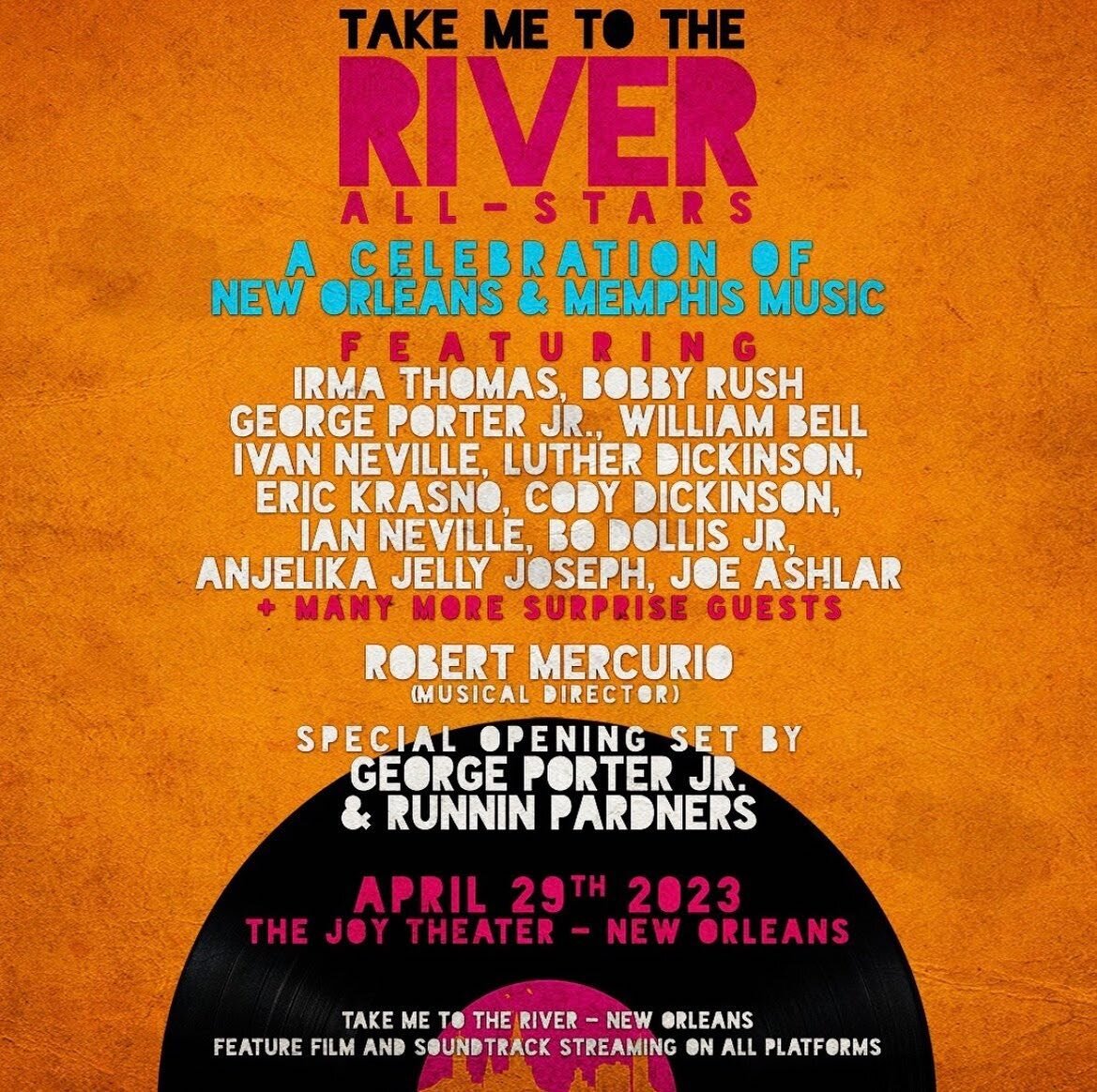 ATTENTION JAZZ FEST FANS!! 

Tickets are *ALMOST SOLD OUT* for our ALL-STAR live celebration Take Me to the River: New Orleans + Memphis happening at the JOY THEATER in New Orleans on SATURDAY, APRIL 29 at 9PM  @tmttr_film 

Tickets are going fast! G