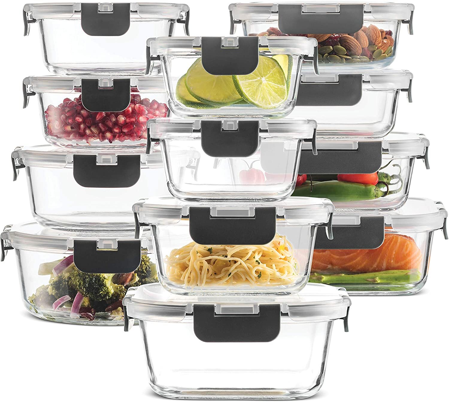 24-Piece Superior Glass Food Storage Containers Set - Newly Innovated Hinged BPA-free Locking lids - 100% Leakproof Glass Meal-Prep Containers, Great...
