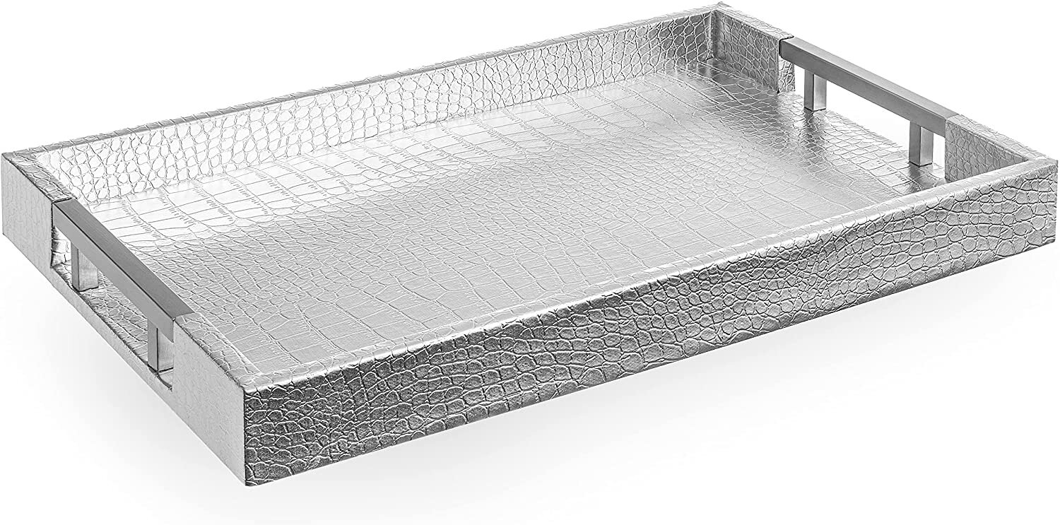 Home Redefined Beautiful Modern Elegant 18"x12" Silver Rectangle Glossy Alligator Croc Decorative Ottoman Coffee Table Perfume Living Room Kitchen Serving Tray 