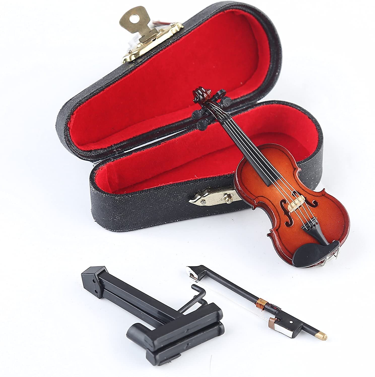 Dselvgvu Wooden Miniature Violin with Stand,Bow and Case Mini Musical Instrument Miniature Dollhouse Model Home Decoration (3.15"x1.18"x0.59")