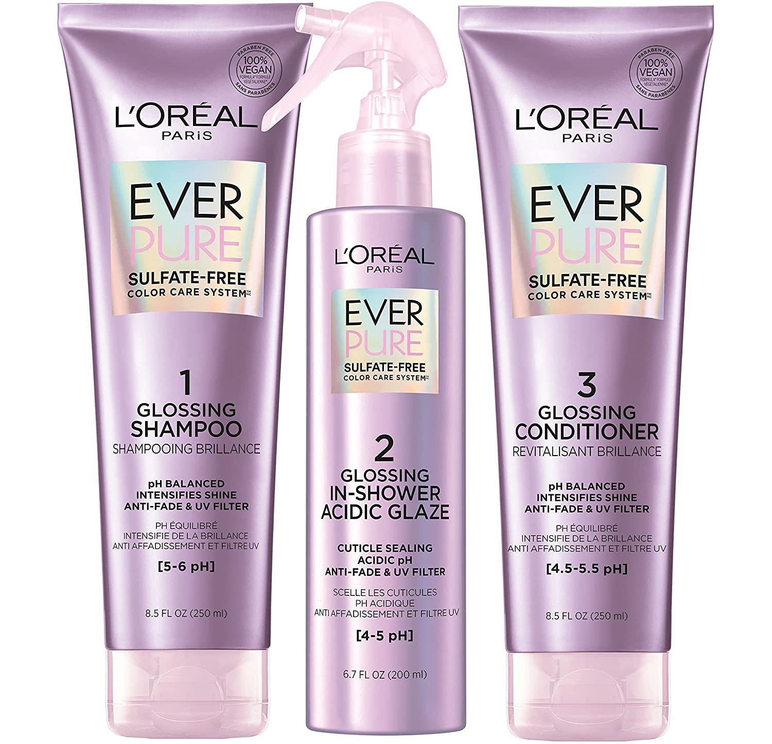 L'Oreal Paris EverPure Sulfate Free Glossing Shampoo, Conditioner, and Treatment Kit