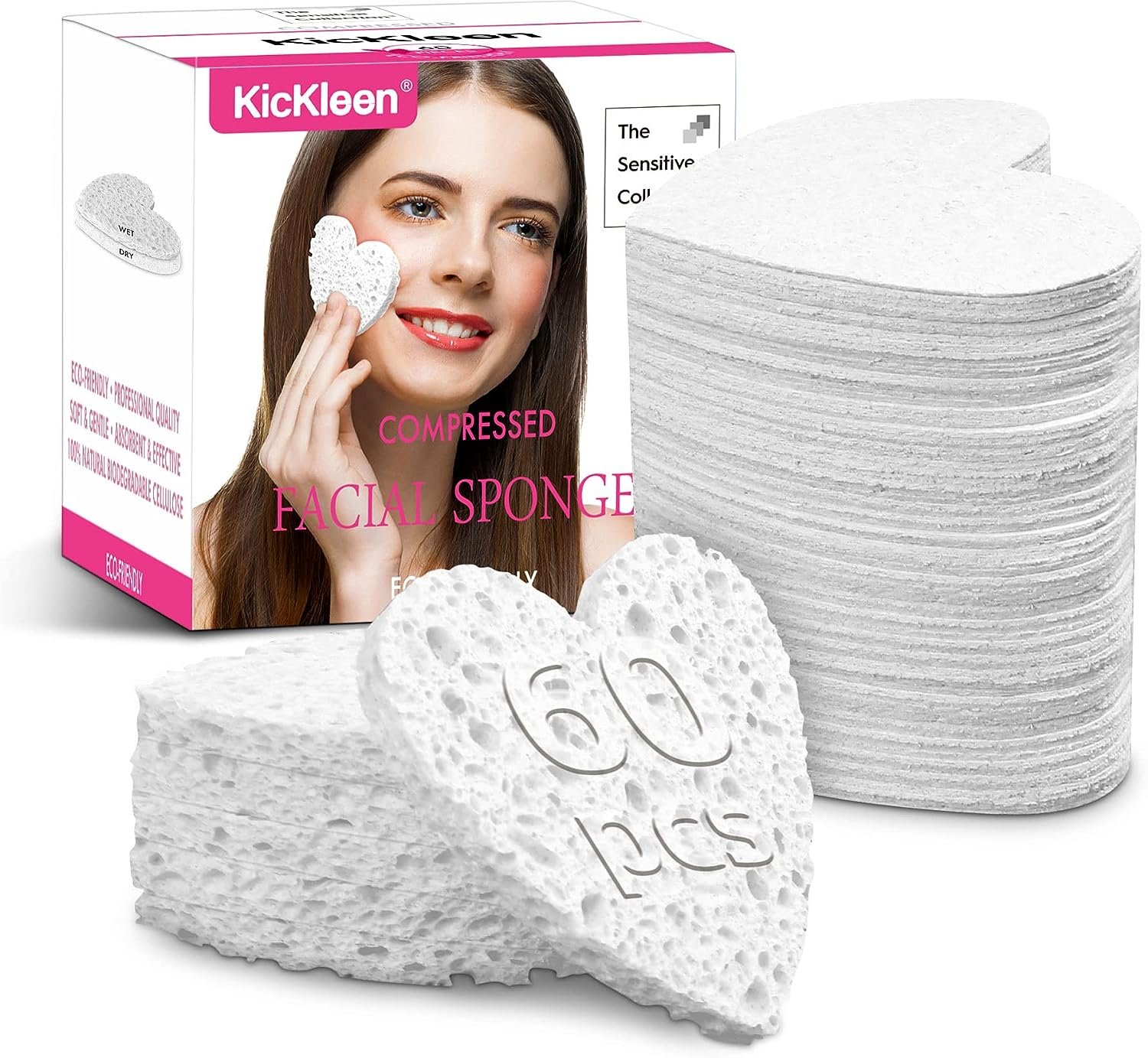 60-Count Kickleen Compressed Cellulose Heart Shape Facial Sponges | 100% Natural Cosmetic Spa Sponges for Facial Cleansing | Exfoliating 