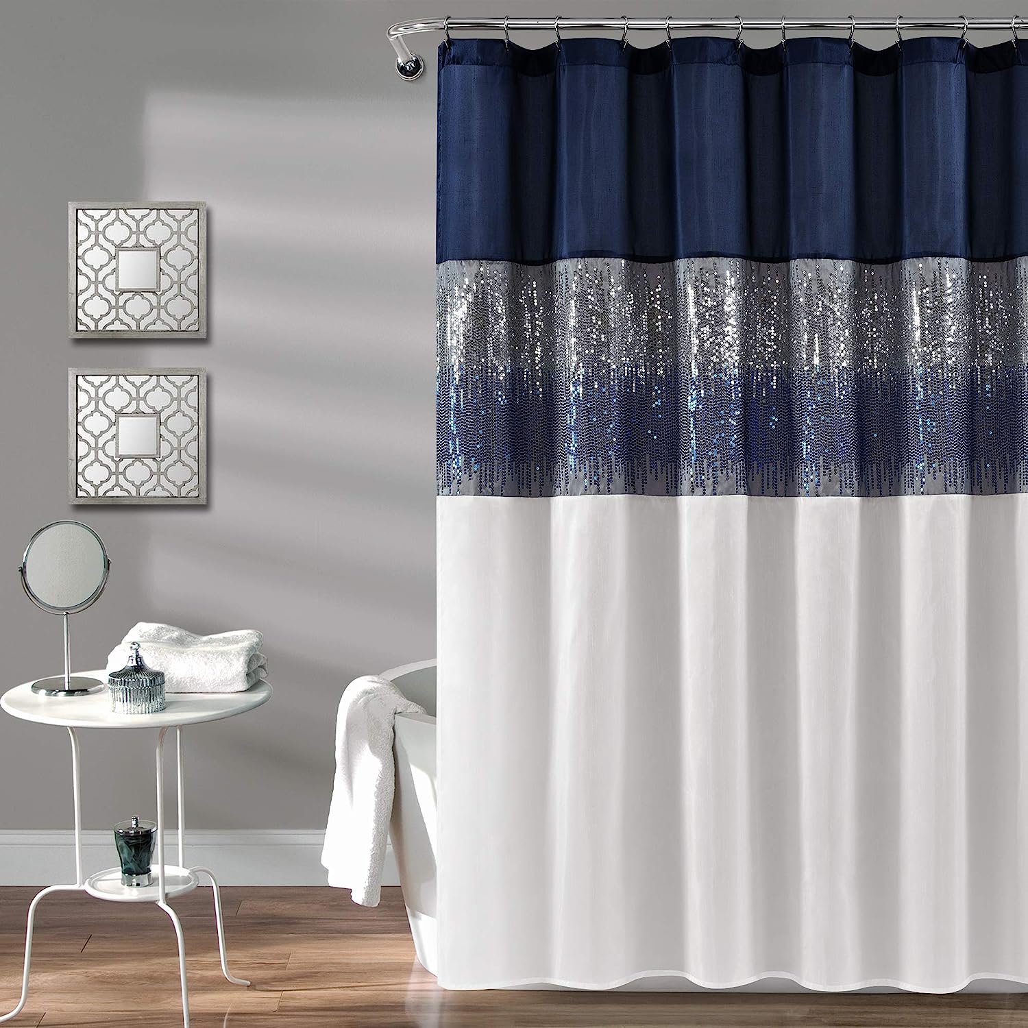 Lush Decor Night Sky Shower Curtain Sequin Fabric Shimmery Color Block Design for Bathroom, 72" x 72", Navy &amp; White