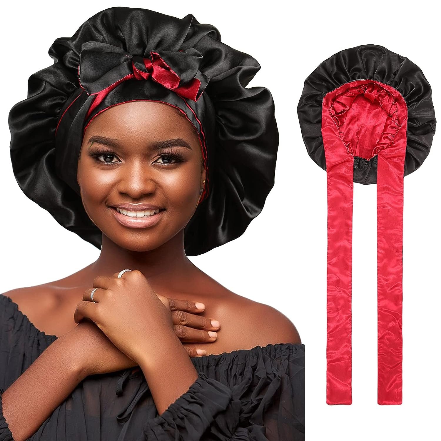 Satin Bonnet Silk Hair Bonnets for Women Curly Hair Wrap for Sleeping Cap Reversible Bonnet with Tie Band Night Cap (Double-Layer Satin Bonnet (Black + Red)