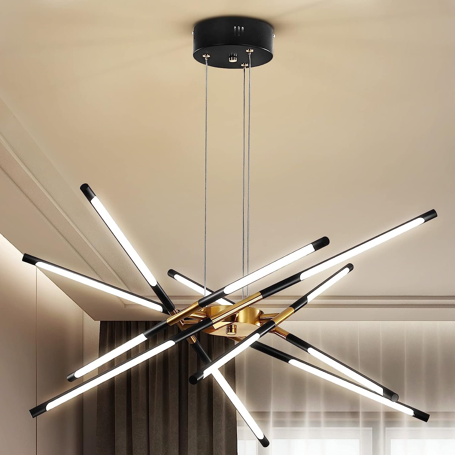 Modern Chandelier,Black and Gold Chandelier 12 Light LED Dimmable Pendant Lights,Easy to Install Ceiling Light 54W Linear 