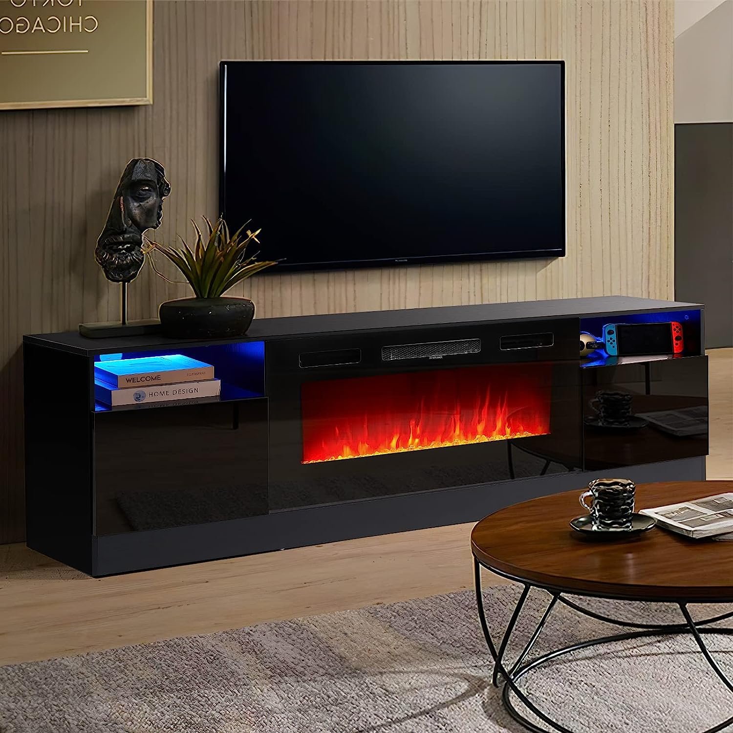 Fireplace TV Stand with 36" Electric Fireplace, LED Light Entertainment Center, Modern Wood Texture Entertainment Stand 