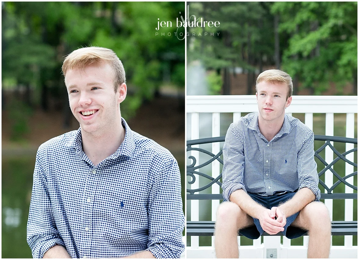 senior portrait guy on bench near pond in forest.jpg