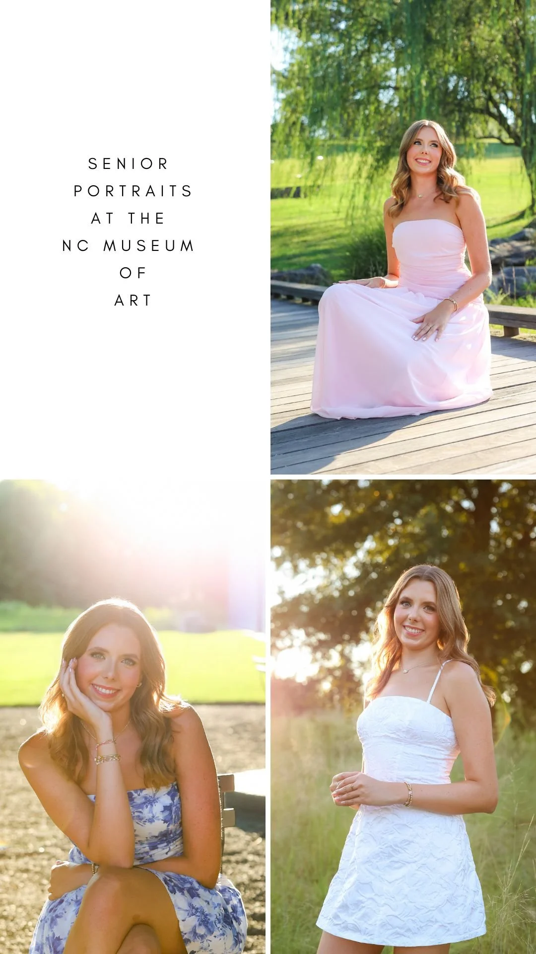 images of a Raleigh high senior dressed in a pink gown, white short dress, and blue and white dress on the grounds of the NC Museum of Art