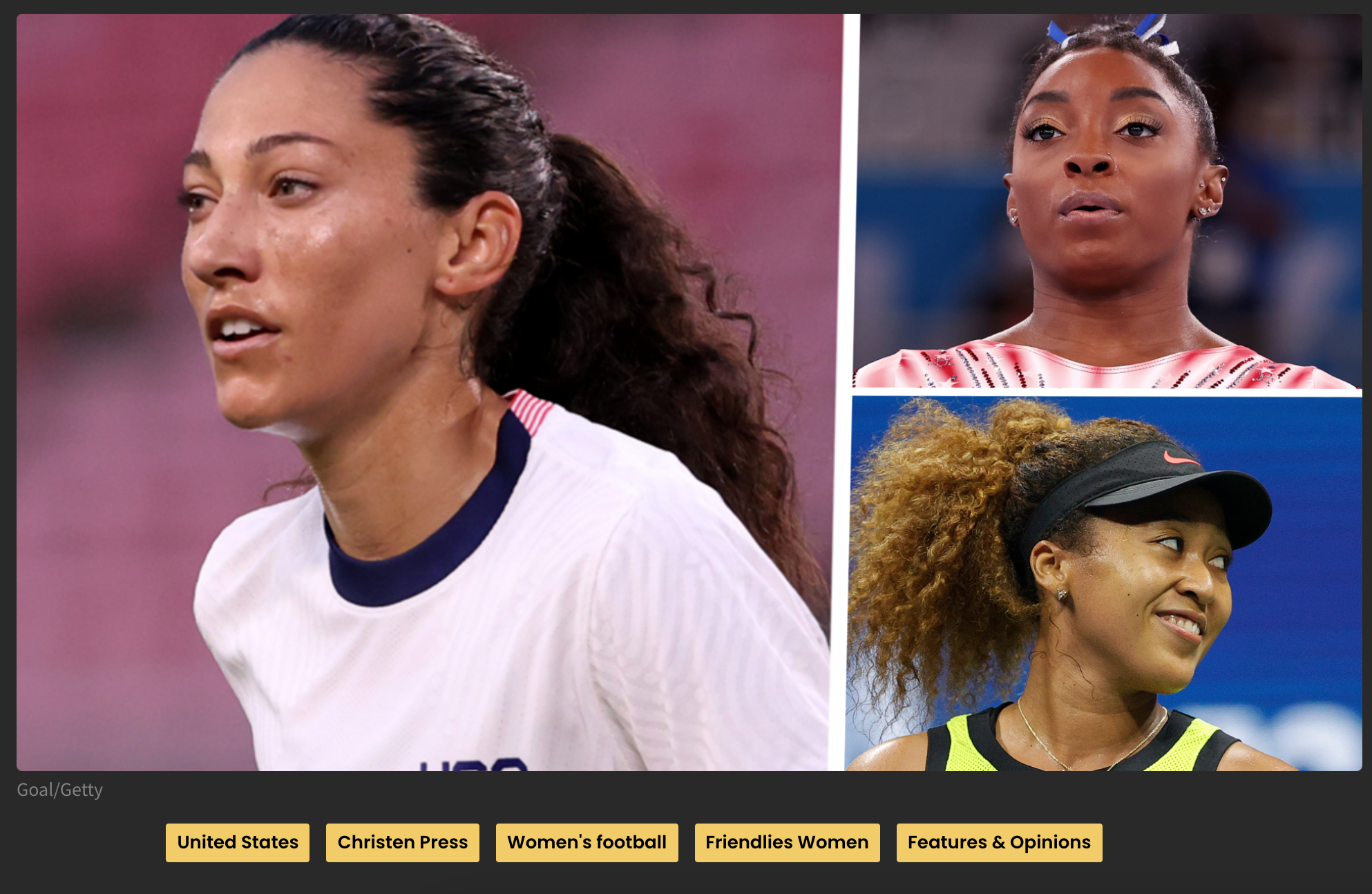 Goal.com: USWNT star Press joins Biles and Osaka on growing list of athletes prioritizing mental health