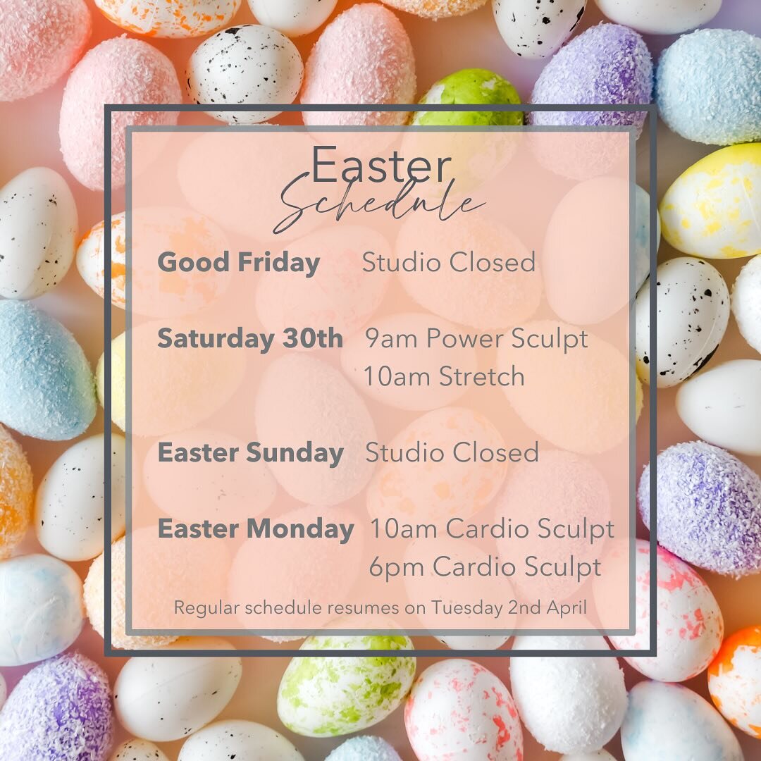 Here&rsquo;s your Easter Schedule! Good Friday and Easter Sunday are rest days, Saturday classes as normal then two opportunities to dance with us on Easter Bank Holiday Monday, 10am with @tors_jazzercise and 6pm with @jazzercise_helen 

🐣🥚🐰🌷🪻🌼