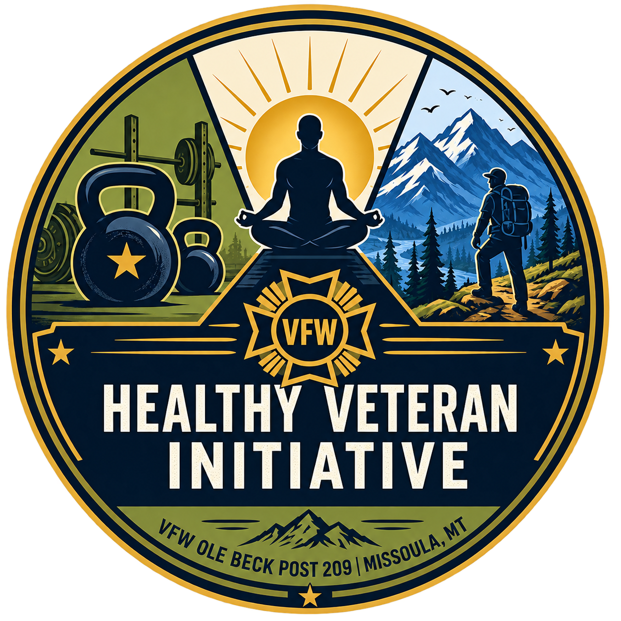A badge with a mountain landscape, a person hiking, a person meditating, and gym equipment, representing the Healthy Veteran Initiative led by VFW in Missoula, Montana.