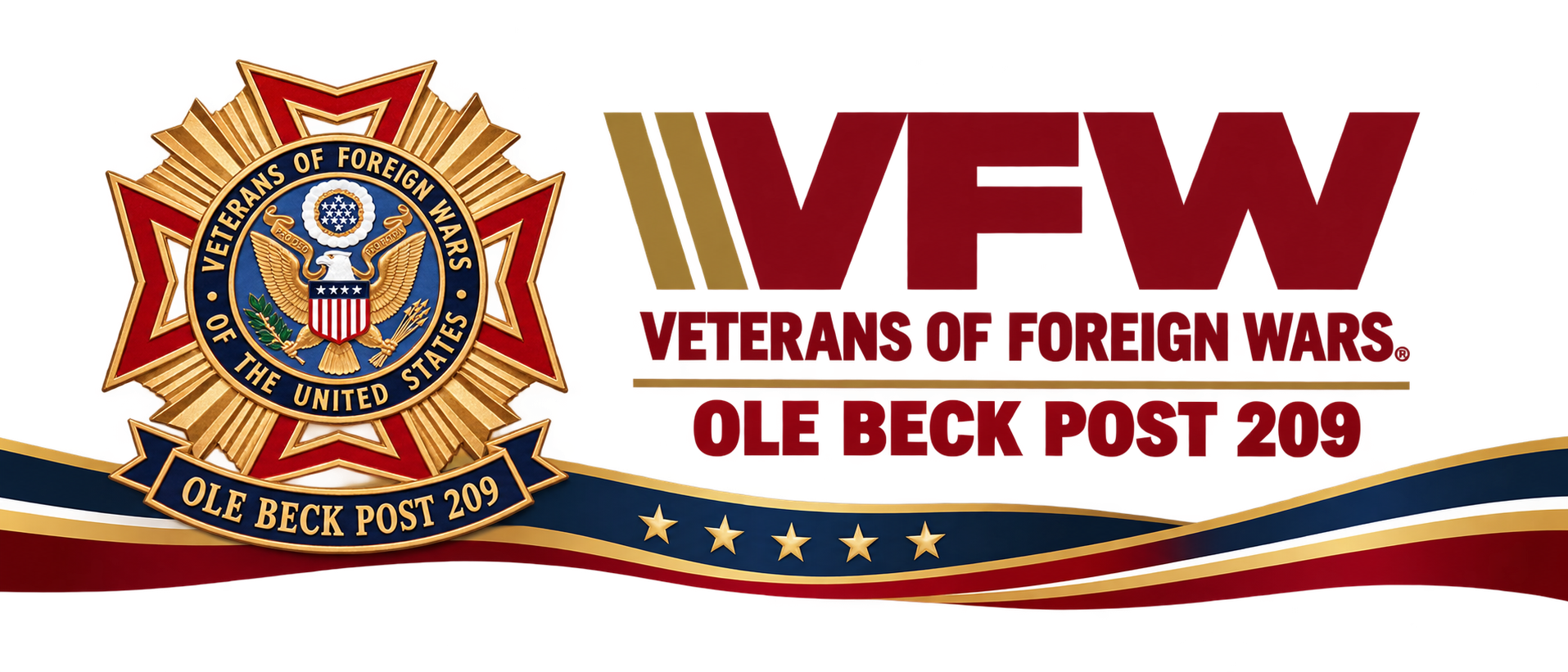 Logo of Veterans of Foreign Wars with text 'VFW Veterans of Foreign Wars. Ole Beck Post 209' in red and gold colors.