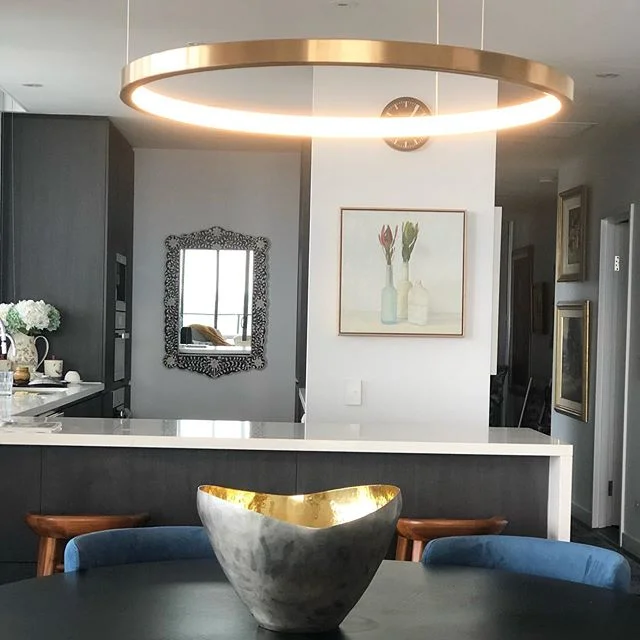 This Custom hoop light was installed today! My client wanted beautiful ambient light without taking away from her dining setting that we installed some time ago. Thrilled with this gorgeous piece... 😀 #interiors #light #gold #ambience #lux #styling #tennerifeproject