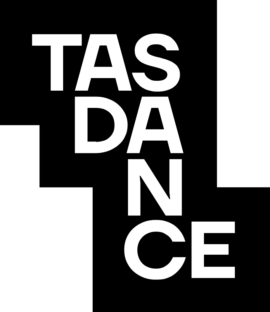 Bold, white text on a black background reads 'TASDANCE' arranged vertically and horizontally, forming a stylized word design.