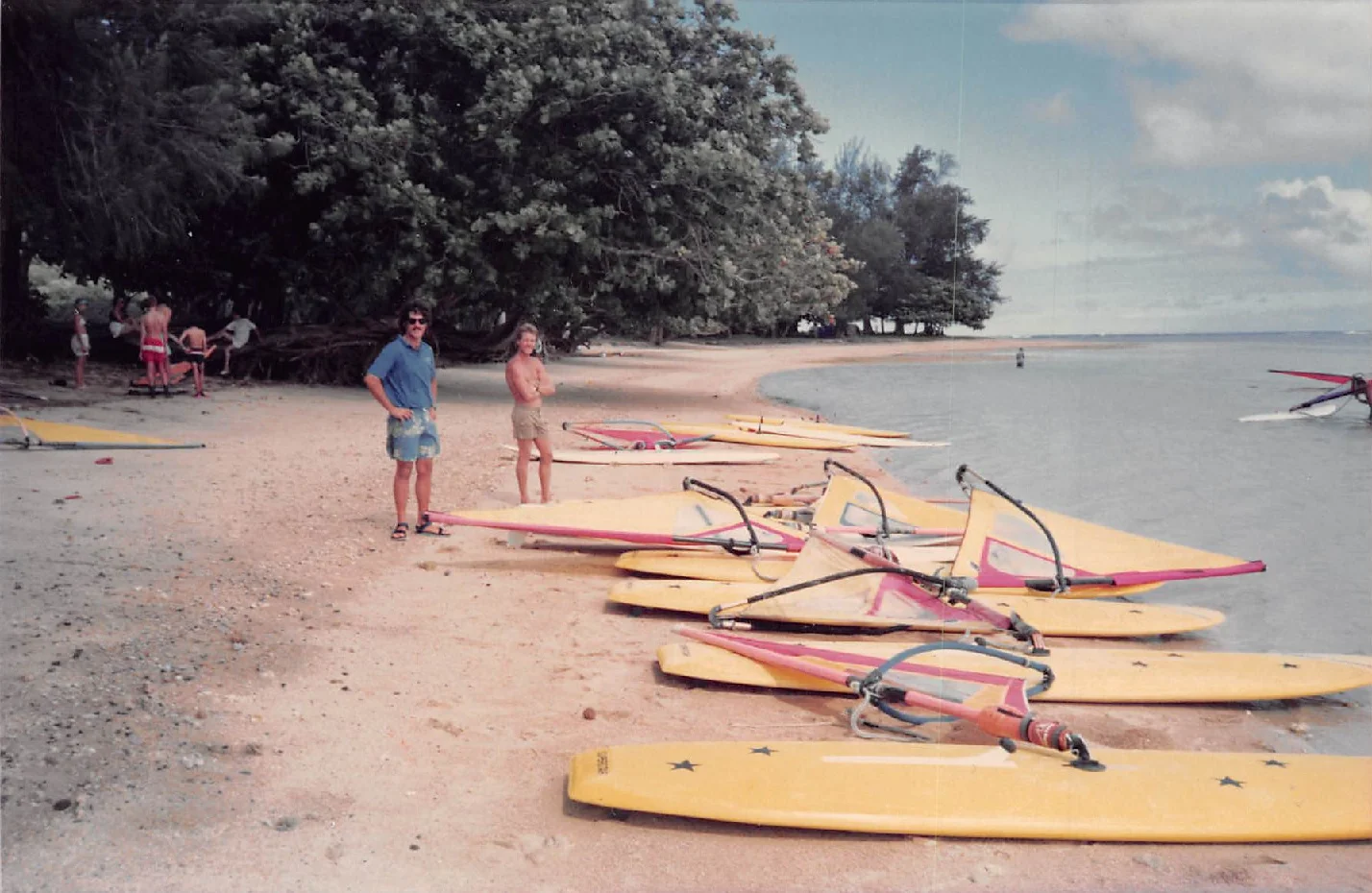 Hanalei Sailboard’s windsurfing instructors Foster Ducker and Keith Morrison — Anini Beach — Circa 1988