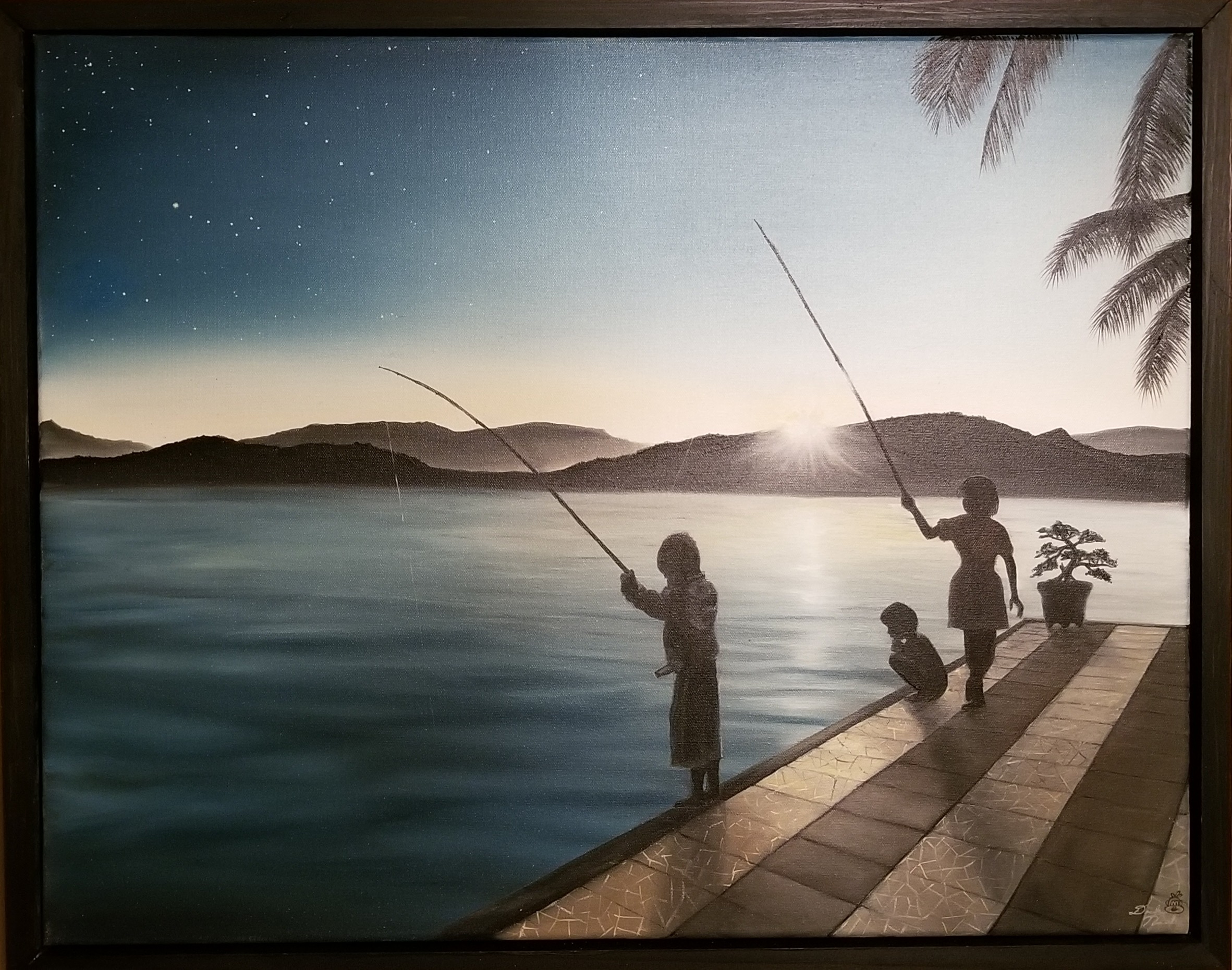Wishing (2018) Oil on canvas 30x20" -Based on a picture I took of kids fishing at Lake Toba during sunrise in Sumatra, Indonesia. A majestic place to visit.