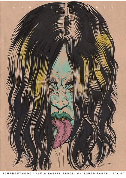 #currentmood , ink and pastel on toned paper, 6 x 8 inches
