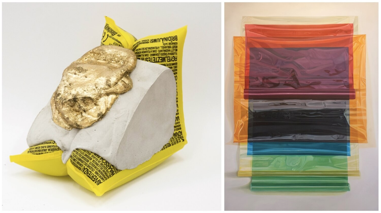 Left: Lucas Simoes, Corpo de prova#09 , Cement, gold, inflatable, 16 x 16 x 11 cm, 2017 Right: Nicolás Radic, Celofán , Oil on canvas, 170 x 145 cm, 2017