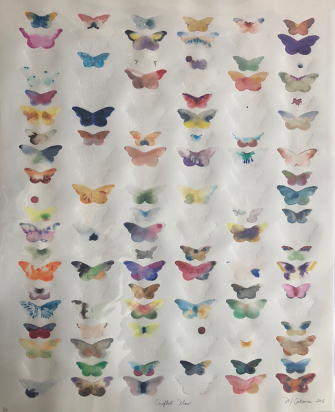 Margarita Cabrera, Crafted Flow - Butterfly suite - 3/15 , 2018. Blind debossed print with artist applied watercolor.