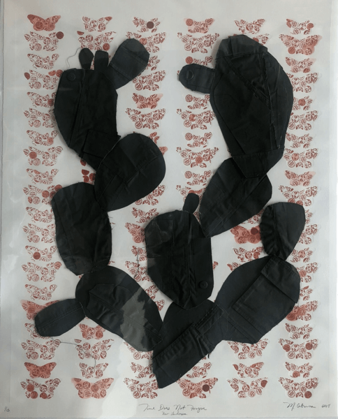 Margarita Cabrera, Time Does Not Forgive (New Landscape) - Butterfly Suite - 2/15 , 2018. Relief print with artist applied border patrol uniform fabric and watercolor