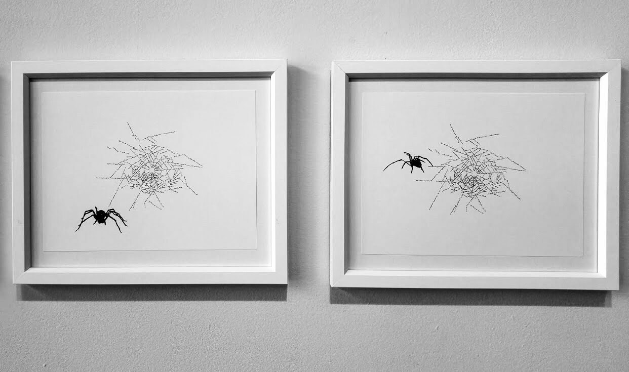 Sin título (arañas) , ink drawing on serigraph, edition of 20, 8.77 x 11.8”, 2015, Antiquus Editores, Bogotá, Colombia