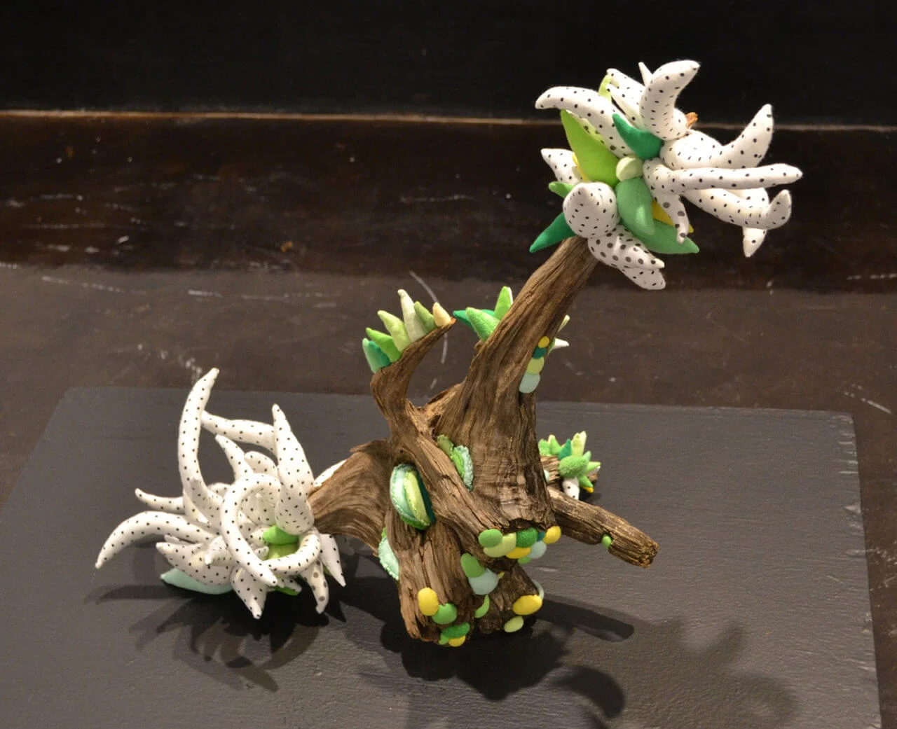 Green & Polka Dot Symbiote , Soft sculpture and found wood
