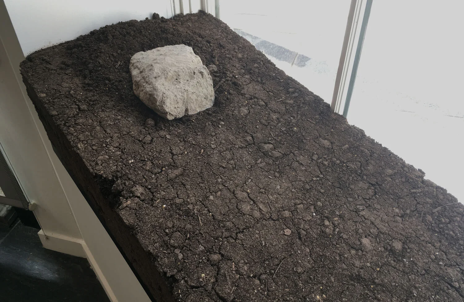 Alva Mooses, Moving earth / Moviendo tierra , 2017, Removed adobe brick (origin Saltillo, Mexico). Rammed Topsoil platform (from Home Depot, NYC). Permit and authorization documents to receive foreign soil in the U.S.