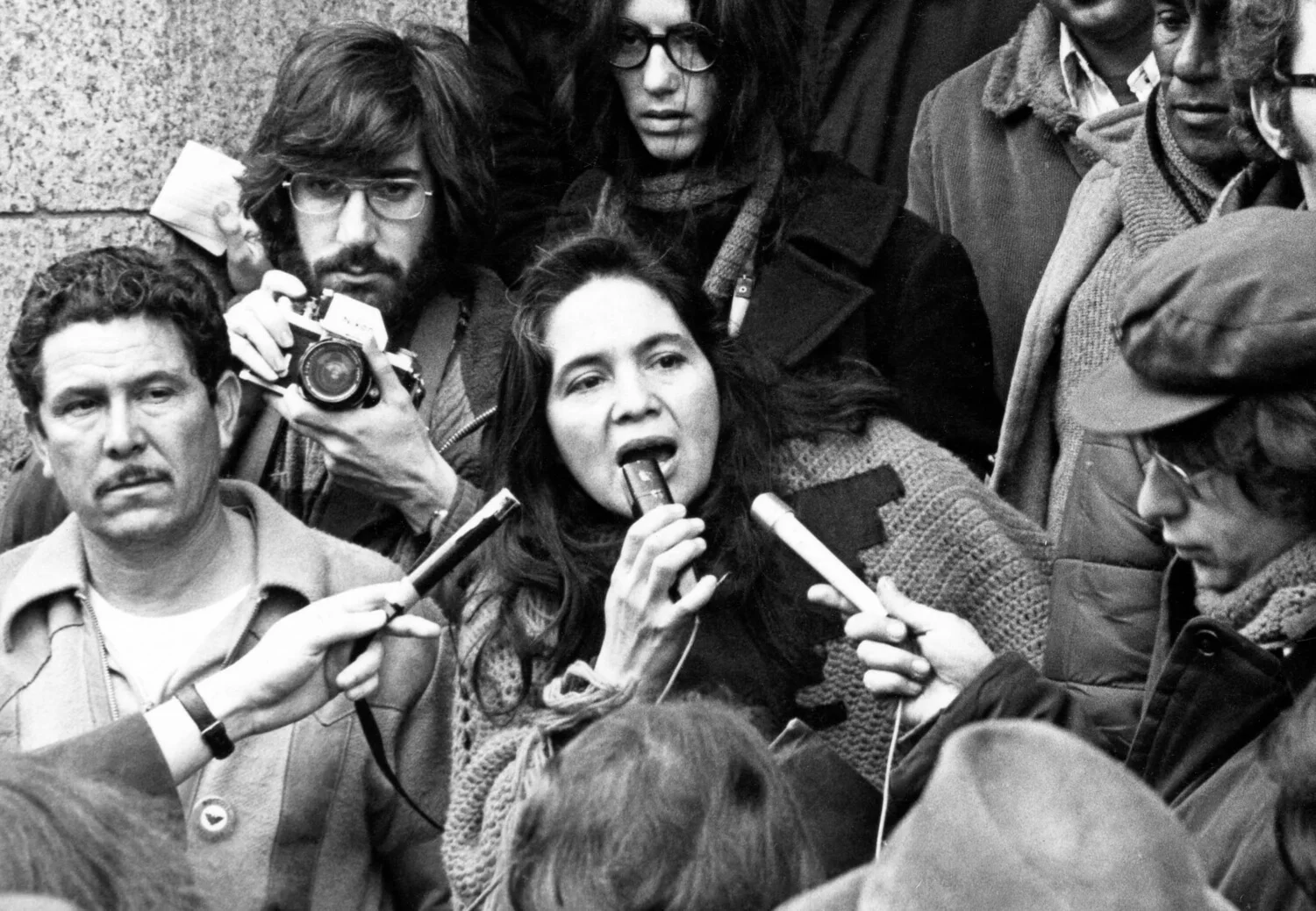 Dolores Huerta press conference (1975). Courtesy of Walter P. Reuther Library Archives of Labor and Urban Affairs Wayne State University