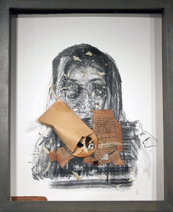 Andrei Renteria, Samples , 2016. Lithograph, discarded paper, pendant, and human bone fragments. Private Collection of Liz Paris.
