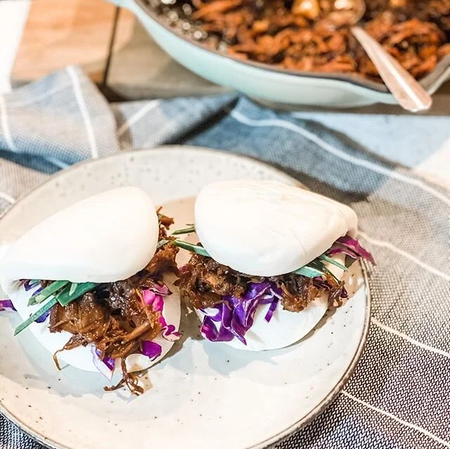 BBQ Pork Bao Buns and BBQ pork Sushi!  Pop pork in the slow cooker in the morning and have a easy and quick prep Friday night dinner with leftover pork for sushi the next day!! Bao buns are cheap from your lis cal Asian grocer and if you don&rsquo;t have a bamboo steamer they are easy to find there too! You can seam buns in your pop steamer if you like too. Grab your self a bamboo sushi mat and roll up sushi in no time!