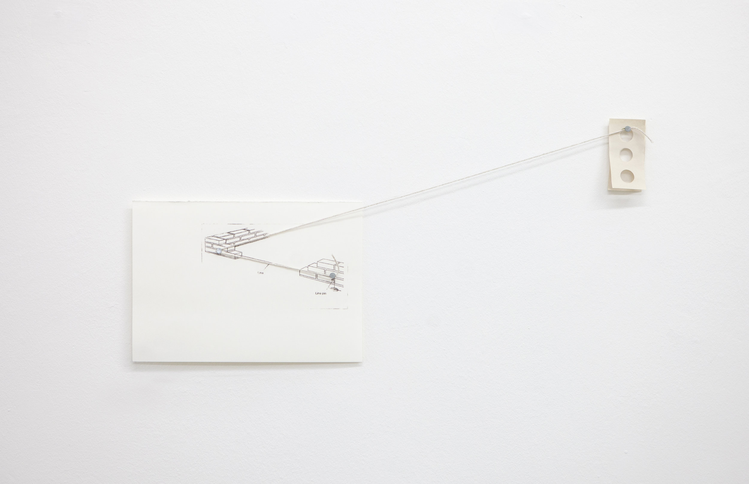    Becoming Reacquainted   ,  2015   transfer on paper, cutout newsprint, nails and cotton thread  35 x 70 cm 