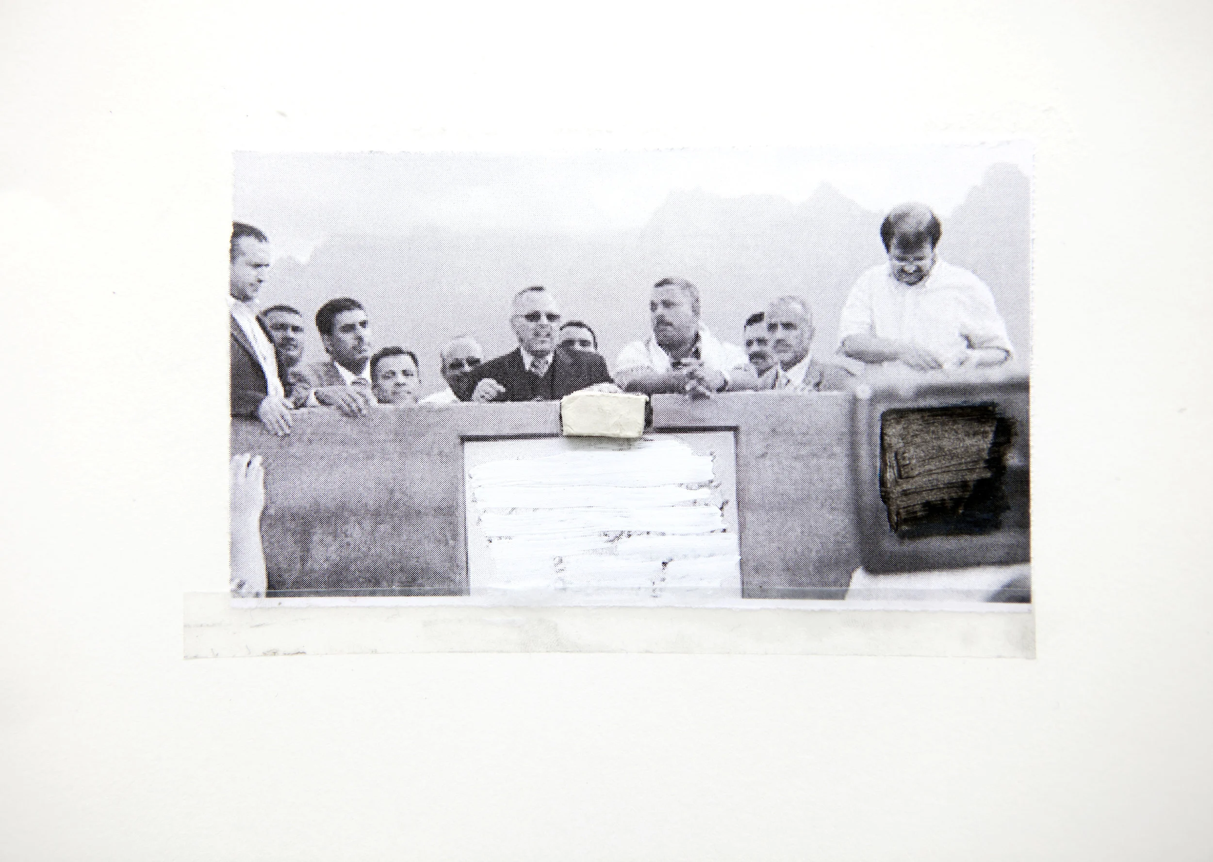 Background with a purpose , 2015 collage, newsprint, paperclay, tape and whiteout 20 x 30 cm