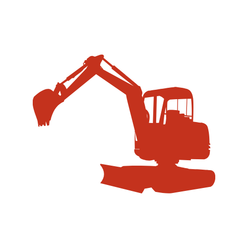 Silhouette of an excavator construction vehicle in red.