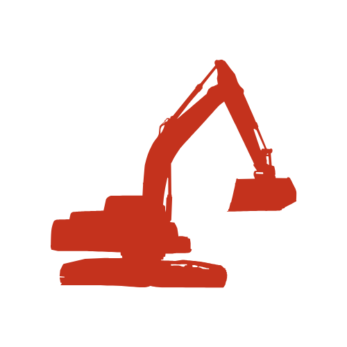 Silhouette of an excavator in reddish-brown color.