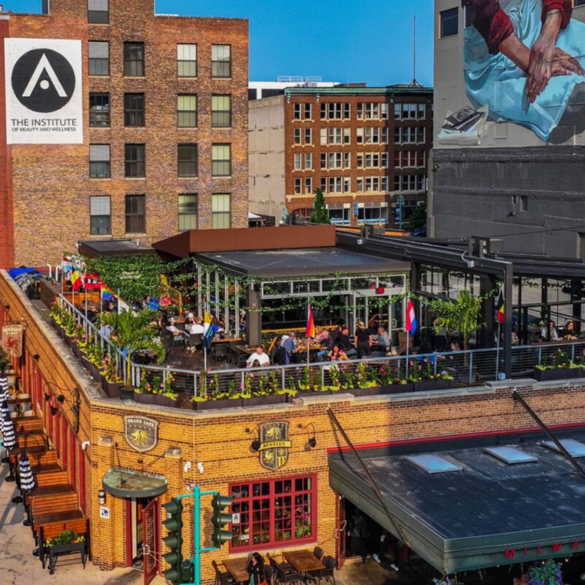 Rooftop and dining space in Milwaukee for a wedding rehearsal dinner