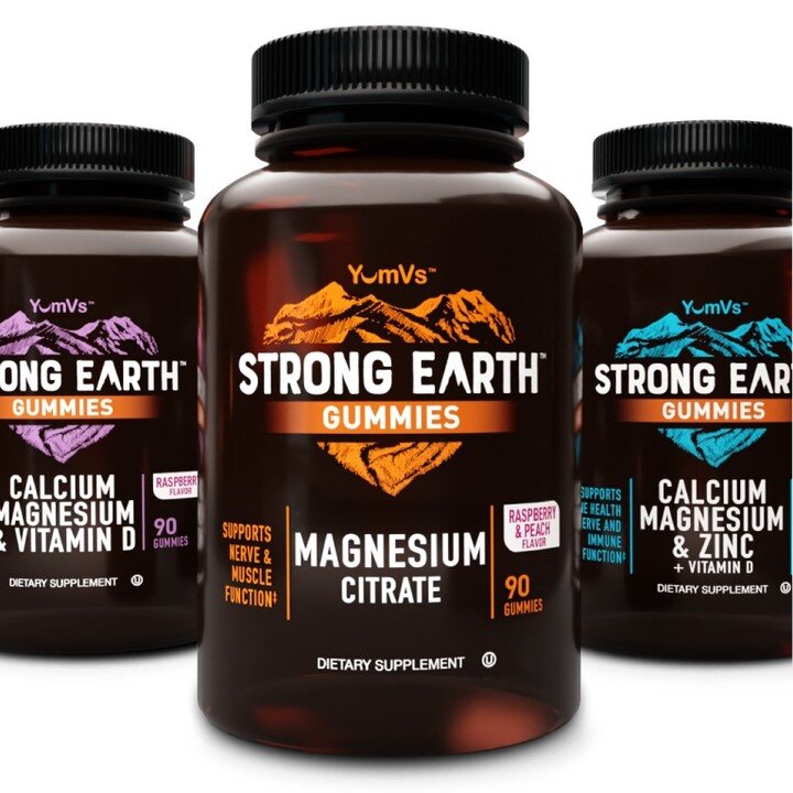 Check out this new line of Strong Earth gummies supplements - featuring the new STRONG branding and packaging design! @yumvs #strongearth #gummies #vitamins #supplements #calcium #magnesium #iron #zinc #brandingagency #brandingandmarketing #cpg