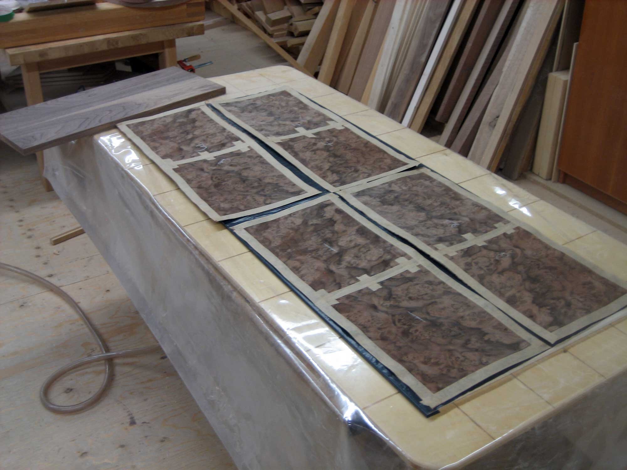  The four panels ready for vacuum pressing. One panel for each gable and two for the door. 