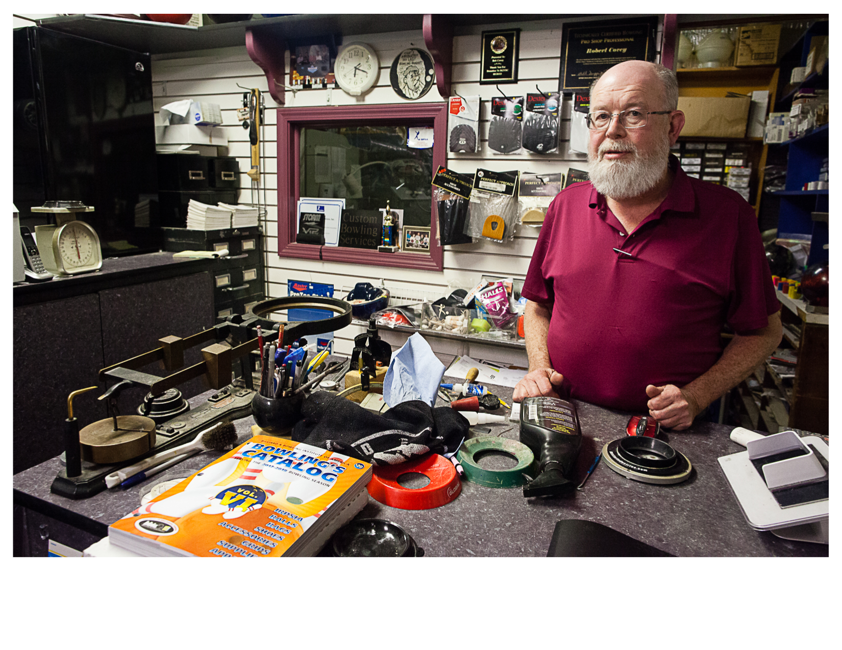 Bob Covey in his Pro Shop, Ward Parkway Lanes, Kansas City, MO